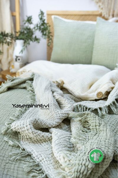 YASEMİNİNEVİ Κάλυμμα κρεβατιού King Size Green Muslin / Σετ Πικέ με 2 Μαξιλαροθήκες