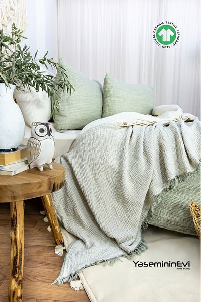 YASEMİNİNEVİ Green Green - Ecru King Size Bedspread 4 Layers Muslin 100% Cotton