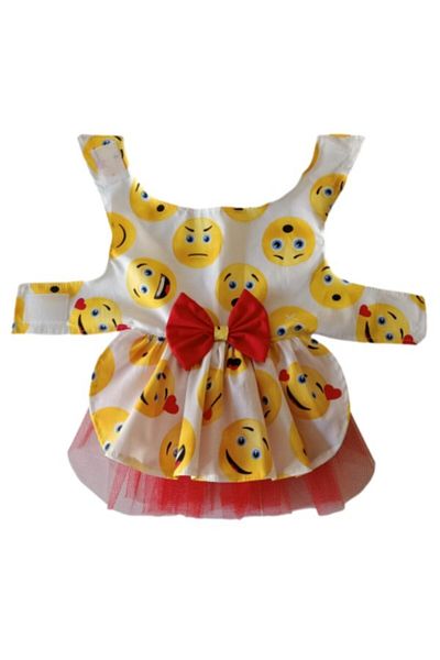 Gobo White Female Cat Dog Outfit Dress with Emoji Pattern and Red Bow Tie