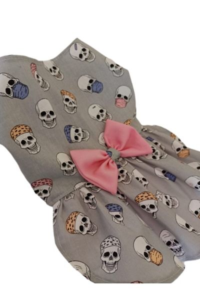 Gobo Skull Patterned Pink Bow Tie Tulle Gray Female Cat Dog Outfit Dress