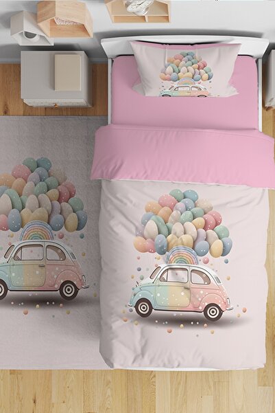 EVPANYA Pembe Pastel Araba Desenli Tek Kişilik Bebek Çocuk Nevresim Seti