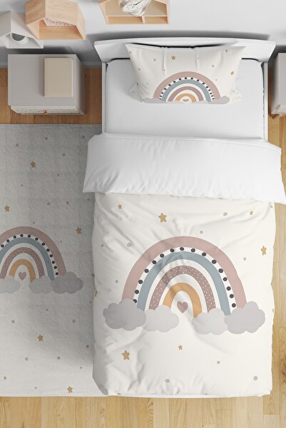 EVPANYA Sade Pastel Gökkuşağı Desenli Tek Kişilik Bebek Çocuk Nevresim Seti
