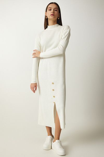 Happiness İstanbul Ecrufarbenes Cord-Strickkleid mit Knopfdetail für Damen DD01280