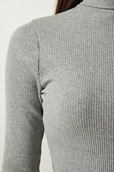 Happiness İstanbul Dámske svetlošedé manšestrové pletené šaty UB00215