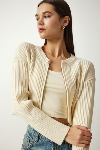 Happiness İstanbul Cardigan de damă, crem, cu fermoar, tricotat cu nervuri PF00053