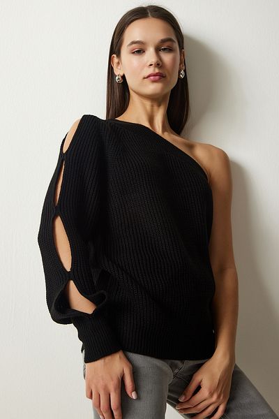Happiness İstanbul Pulover de damă, negru, cu o singură mânecă, tricot PF00059