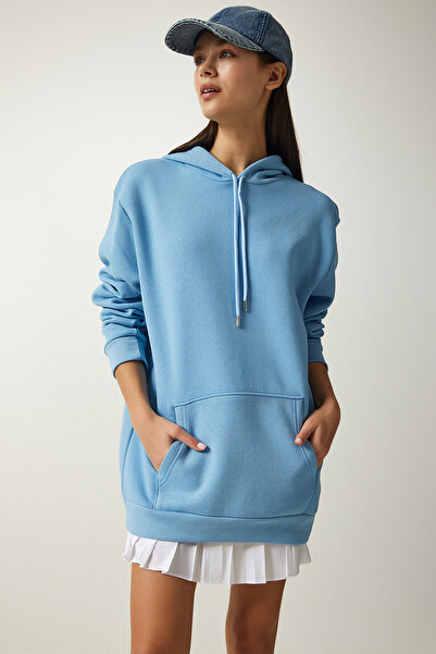 Happiness İstanbul Női világoskék, nyomott kapucnis pulóver OW00011