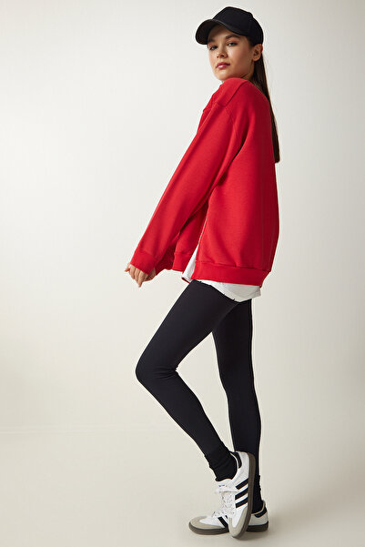 Happiness İstanbul Kadın Kırmızı Fermuar Detaylı Şardonlu Örme Sweatshirt UB00148