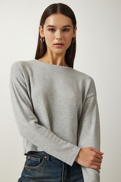 Happiness İstanbul Women's Gray Soft Textured Crop Knitted Blouse UB00214