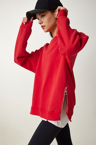 Happiness İstanbul Rotes Damen-Sweatshirt mit Reißverschluss, detailliertem, erhöhtem Strickmuster UB00148