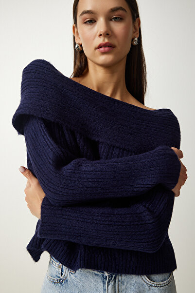 Happiness İstanbul Marineblauer Damen-Strickpullover mit Madonna-Kragen PF00049