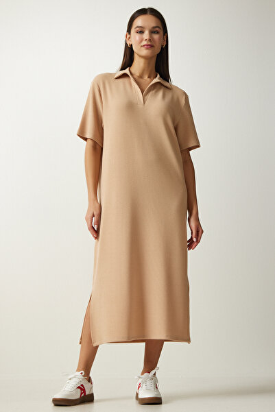 Happiness İstanbul Γυναικείο Μπεζ Πόλο Φόρεμα Πλεκτό Κοτλέ DZ00110
