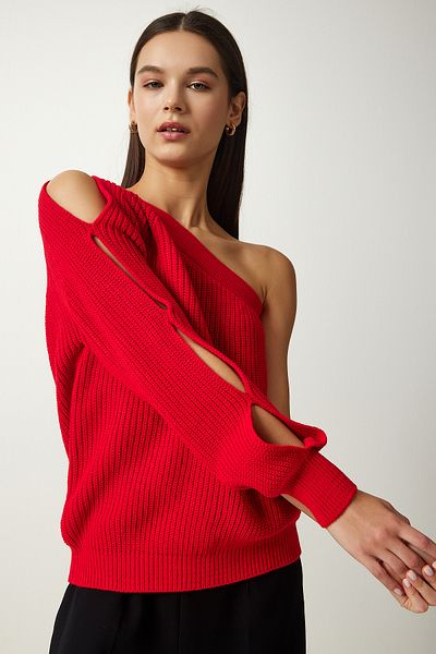 Happiness İstanbul Damen-Strickpullover PF00059 mit roten Fensterdetails und einärmeligen Ärmeln