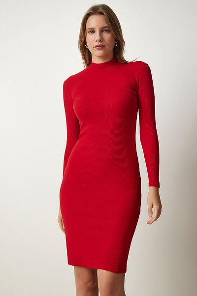 Happiness İstanbul Women's Red High Collar Corduroy Lycra Knitted Dress GT00060