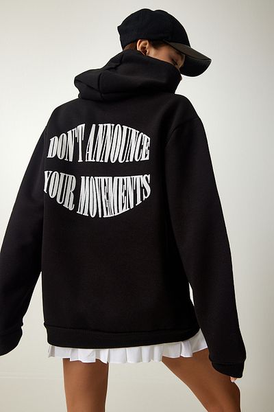 Happiness İstanbul Schwarzes Damen-Sweatshirt mit Kapuze und roségoldenem Aufdruck OW00002