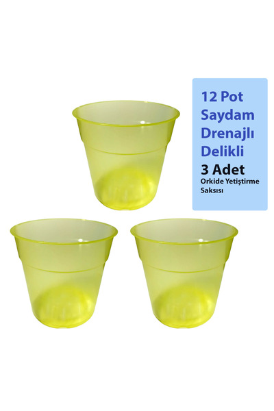Orkide Yetiştirme Saksısı - 12 Pot - Sarı Renk - Saydam - Drenajlı - Delikli - 3 Adet
