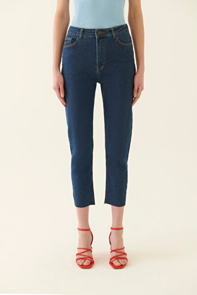 Perspective Romets Regular Fit Ankle Length Mid Waist Navy Blue Color Women's Denim Trousers