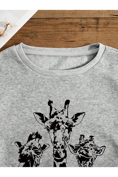 AEMİ Φούτερ Unisex Giraffe Printed Crew Neck Oversize