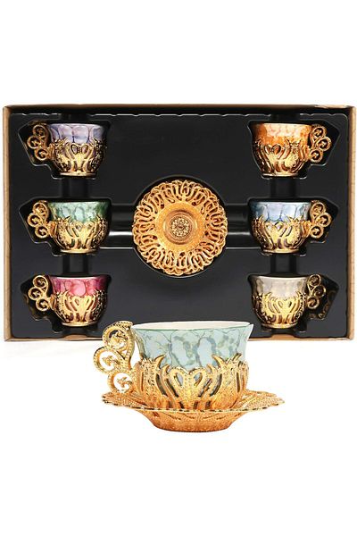KT HOME Turkish Coffee Presentation Set - Metal Coffee Cup Set Porcelain Espresso Cup