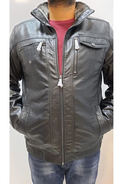 DYNAMO Men's Faux Leather Plush Lined Collared Coat