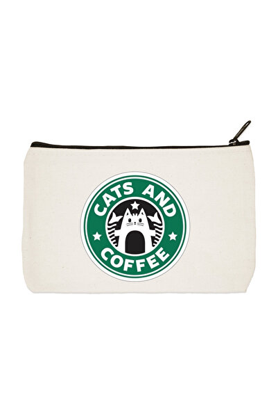 designedfy حقيبة مكياج من القماش المطبوع على شكل قطط وقهوة وحامل قلم وحقيبة يد