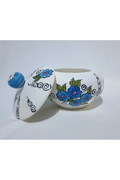 Hediye Kadife Kutulu Çiçekli Çini Şekerlik Dekoratif Şekerlik El Yapımı 16x17 Cm