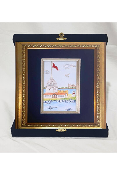 Kadife Kutulu Kız Kulesi Çini Çerçeveli Dekoratif Duvar Tablosu El Yapımı 33x25 Cm