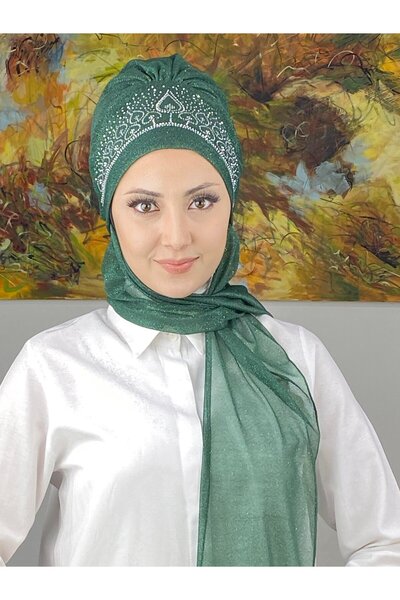 BUTİKAMBAR Vintage Model Taşlı Abiye Atkılı Bone Şal - Zümrüt Yeşili - BUTİK ...