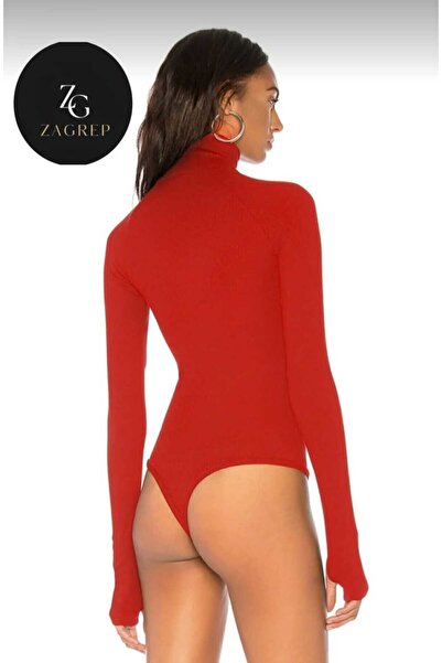 Zagrep Women's Red Turtleneck Finger-Snap Windowed Bodysuit