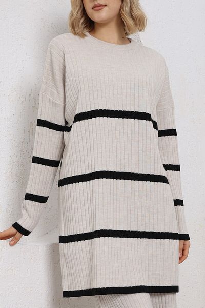 VEGENZE Women's Beige Black Striped Round Neck Ribbed Comfortable Fit Knitwear Tunik