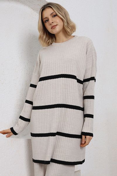 VEGENZE Women's Beige Black Striped Round Neck Ribbed Comfortable Fit Knitwear Tunik