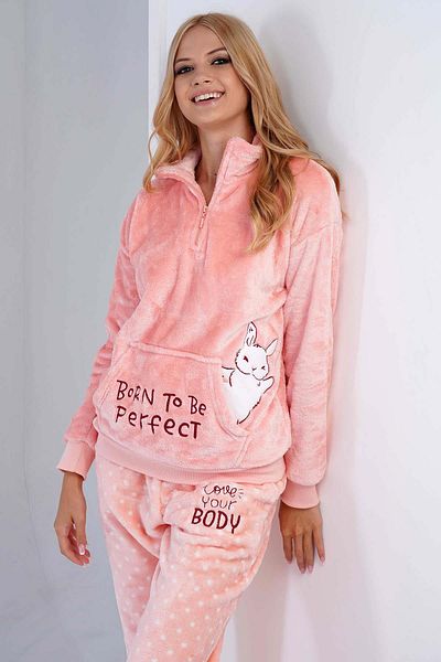 VİENETTA Women's Welsoft Long Sleeve Pink Pajamas Set C3T0N4O030