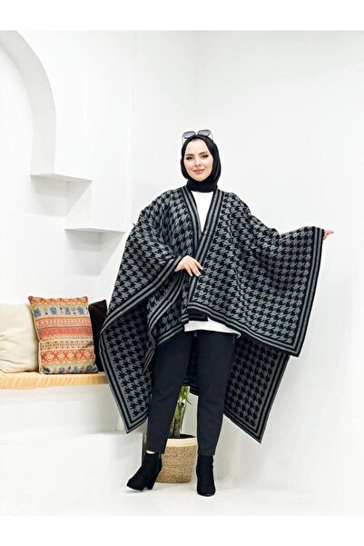 Kayaka triko women's double-sided usable houndstooth patterned shawl poncho