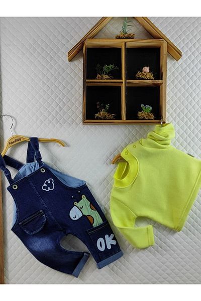 FEKRA BABY Giraffe Patterned Buttoned Denim Jumpsuit Long Sleeve Fleece Sweater 2-Piece Baby Girl Salopet Set