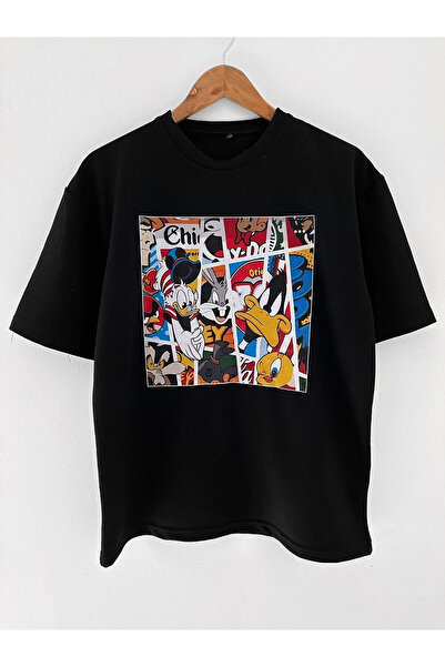 MANCY Футболка з принтом з бавовняного екіпажу з великою шиєю з бавовняного е...