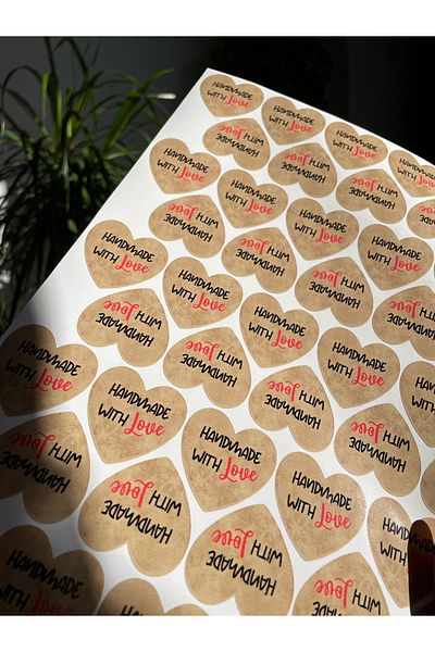 Hayal.kirtasiyesi Handmade with love heart cut 4 cm 45 pieces kraft appearance sticker, handmade label, custom cut