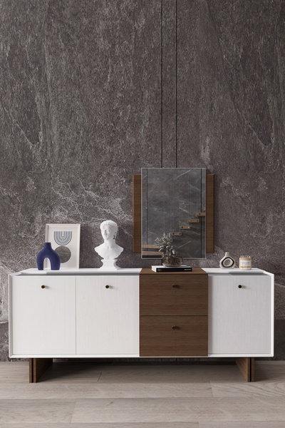 Modalife Linen Aynalı 3 Kapaklı 2 Çekmeceli Konsol - Vizon
