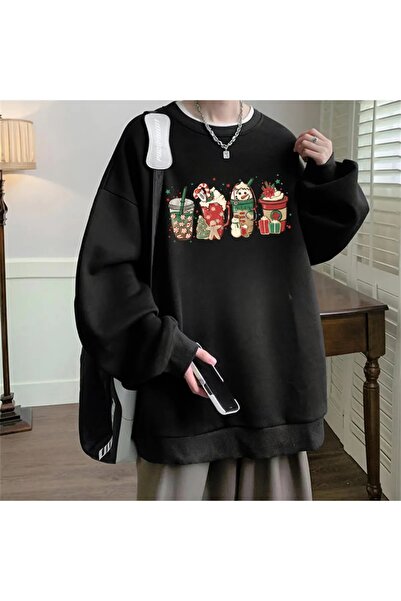 Le Savu سويت شيرت برقبة دائرية كبير الحجم مطبوع عليه لون أسود للجنسين من Happ...