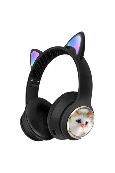 Coverzone Bluetooth Kulaklık Peluş Kedi Tasarımlı Kablosuz Kulak Üstü Kulaklık Kulakları Işıklı