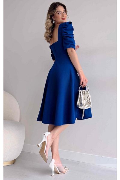 bayansepeti Women's Design Crepe Fabric Square Neck Short Sleeve Midi Size Saks Blue Evening Dress 080