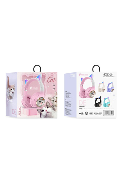 Coverzone Bluetooth Kulaklık Peluş Kedi Tasarımlı Kablosuz Kulak Üstü Kulaklık Kulakları Işıklı