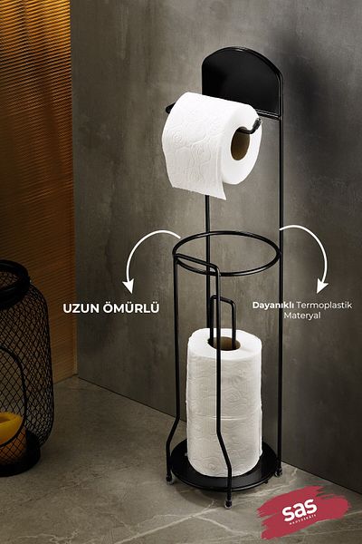 Sas Haus Lifetime Stainless Standing WC Paper Spare Paper Container Toilet Paper Holder Round Crystal Black