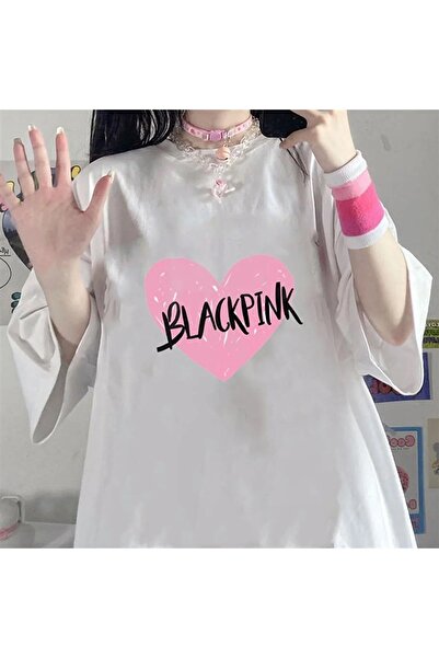 Le Savu Μπλουζάκι Black Pink Heart με τύπωμα Λευκό Χρώμα Unisex oversized