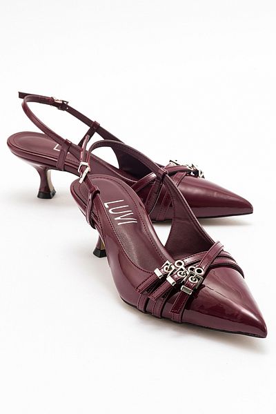 LuviShoes WOSS Claret Red Patent Leather Belt Detailed Women's Heeled Shoes