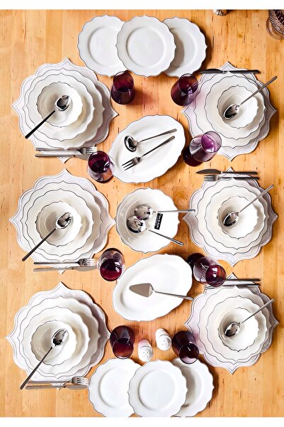 CASA DE BELLA Gümüş Şeritli 12 Kişilik 145 Parça Bone China Yemek Takımı ve Ç...