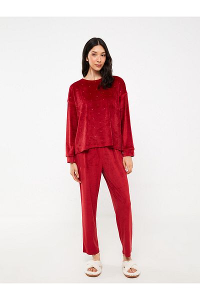 LC Waikiki Set de pijamale de damă din catifea cu mânecă lungă cu model