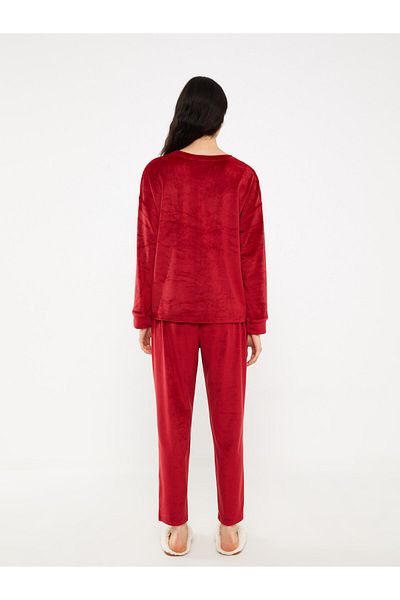 LC Waikiki Set de pijamale de damă din catifea cu mânecă lungă cu model