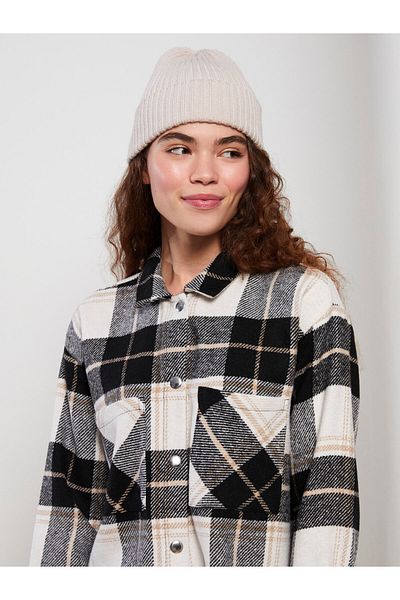 LC Waikiki Jachetă cu mânecă lungă în carouri din gabardină supradimensionată pentru femei, cămașă lumberjack
