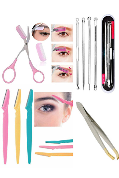 Acarlar Ticaret Fırçalı Kaş Makası, Siyah Nokta Giderici Komedon, 3lü Kaş Usturası, Çelik Cımbız