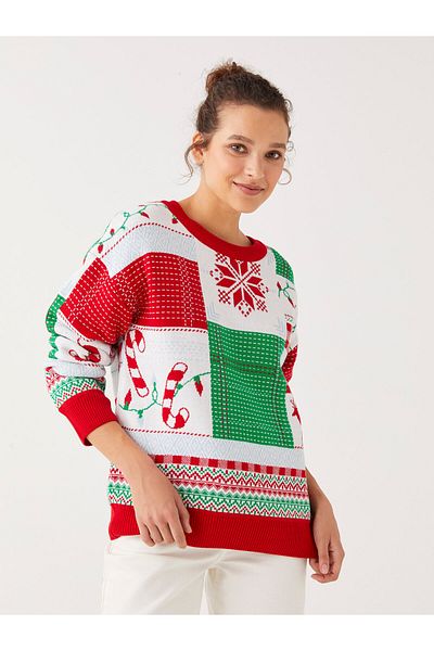 LC Waikiki Újévi témájú, legény nyakú, hosszú ujjú női kötöttáru pulóver